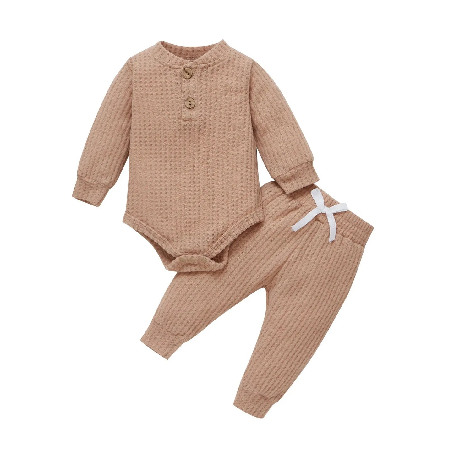 Baby's 2-piece long-sleeve cotton waffle knit set in beige, with a bodysuit and matching pants.