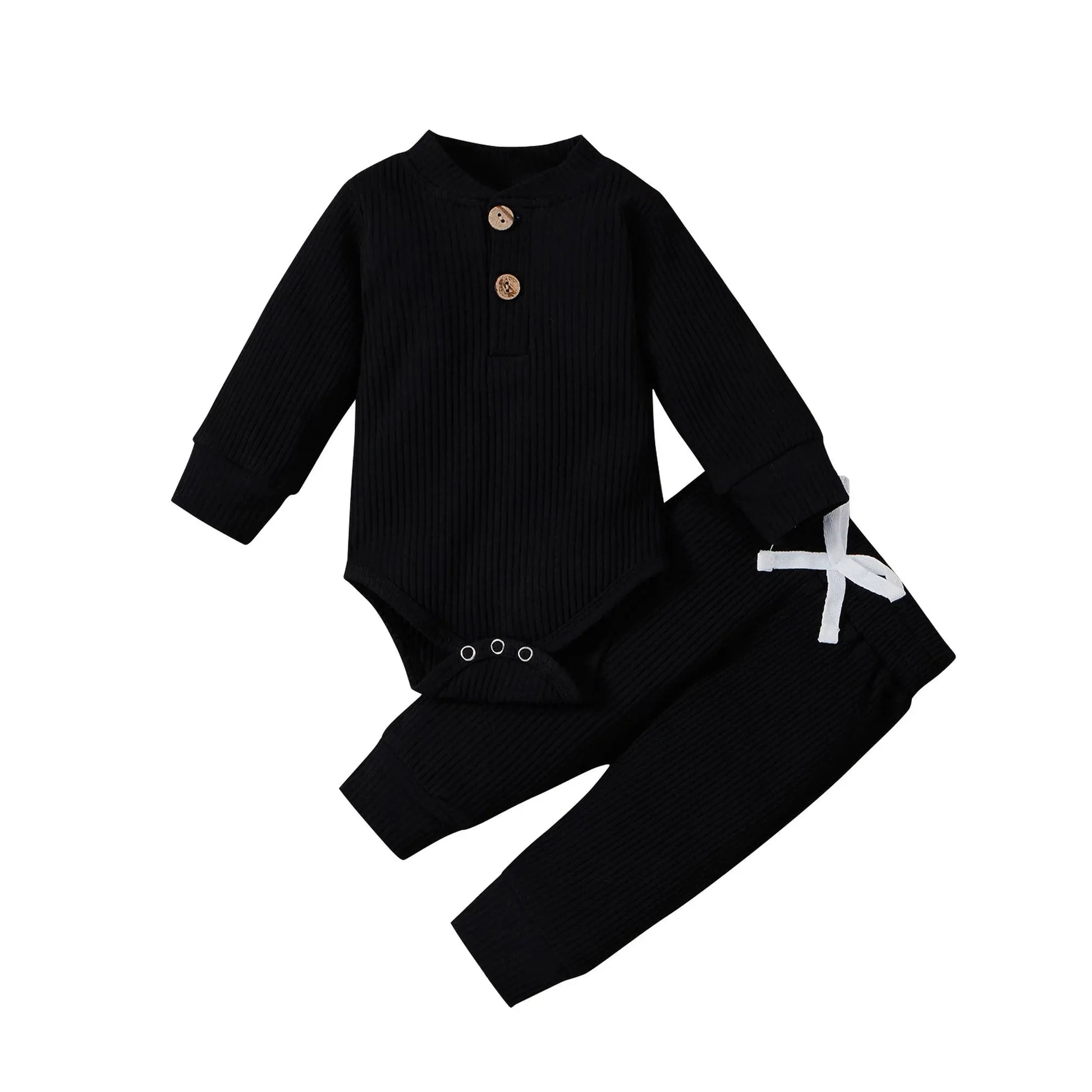 Black ribbed cotton long-sleeve baby bodysuit with wooden buttons and matching pants with white drawstring.