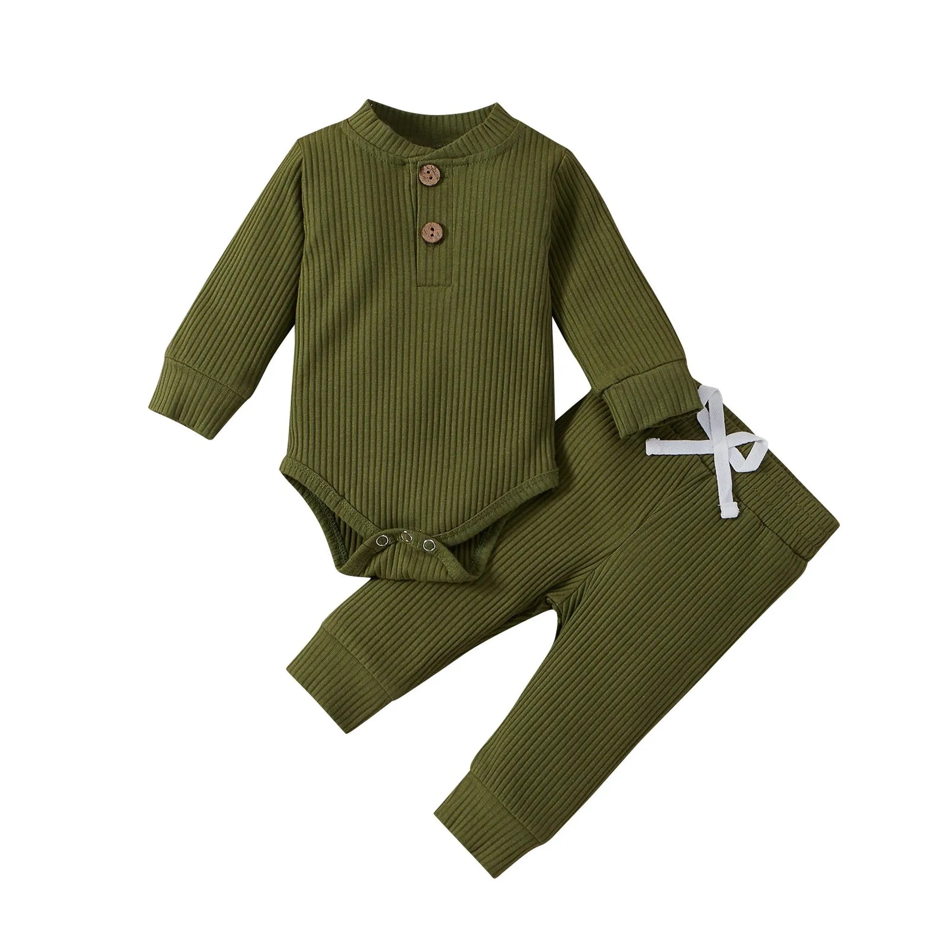 Olive green ribbed cotton long-sleeve baby bodysuit and matching pants with white drawstring.