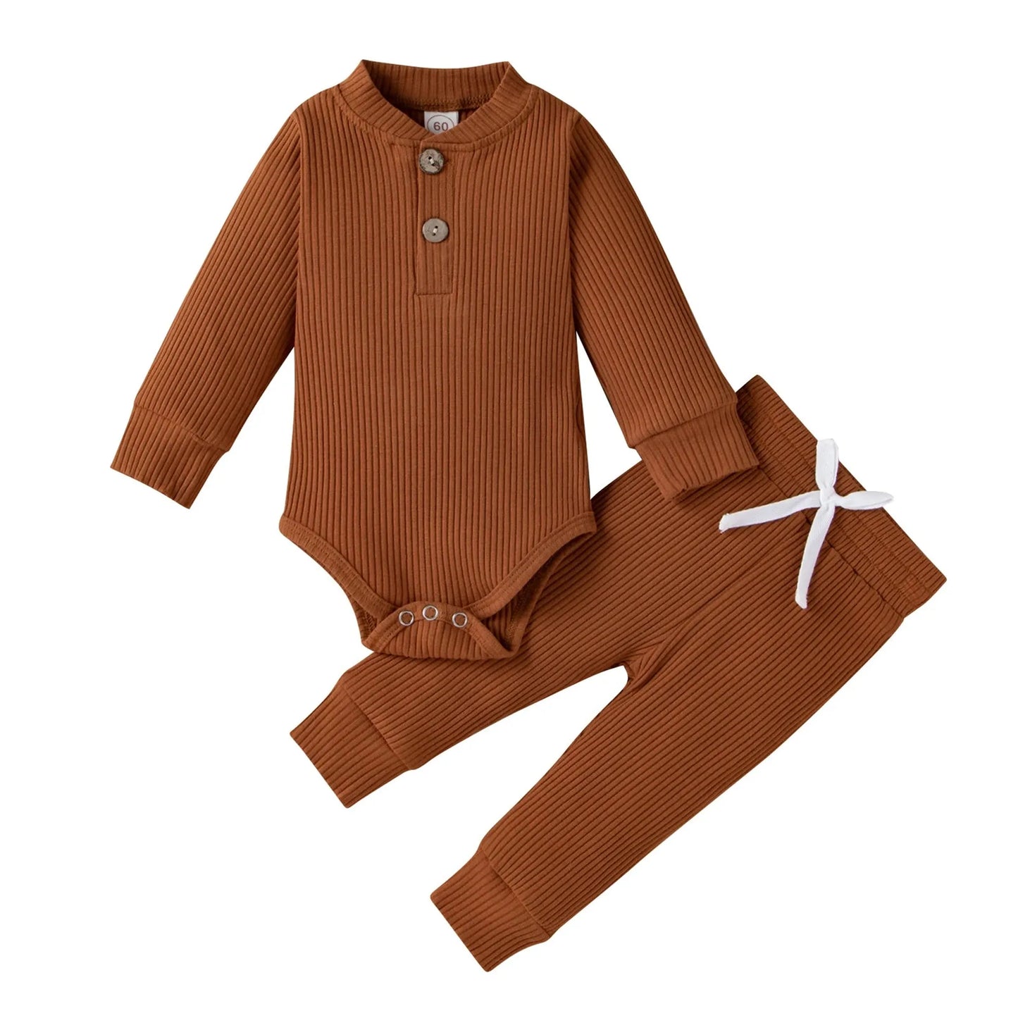 Brown ribbed cotton long-sleeve baby bodysuit and matching pants with white drawstring.