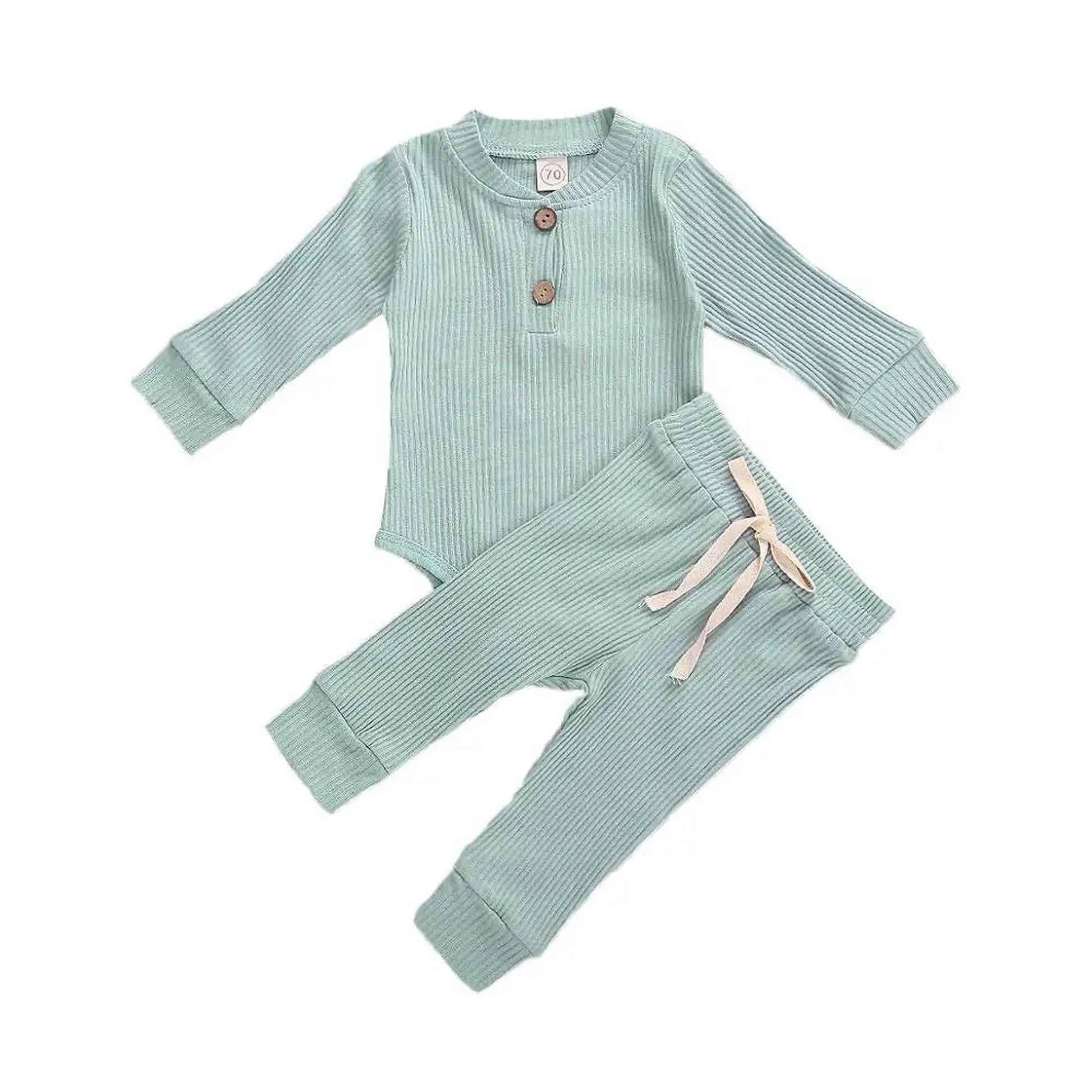 Mint green ribbed cotton long-sleeve baby bodysuit and matching pants with wooden buttons and drawstring.