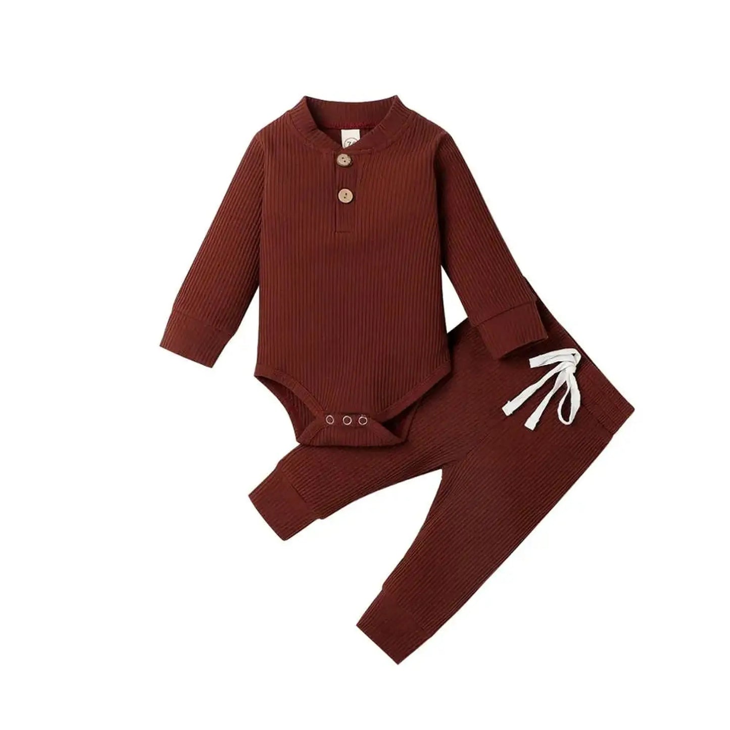 Brown ribbed cotton long-sleeve baby bodysuit and matching pants with wooden buttons and white drawstring.