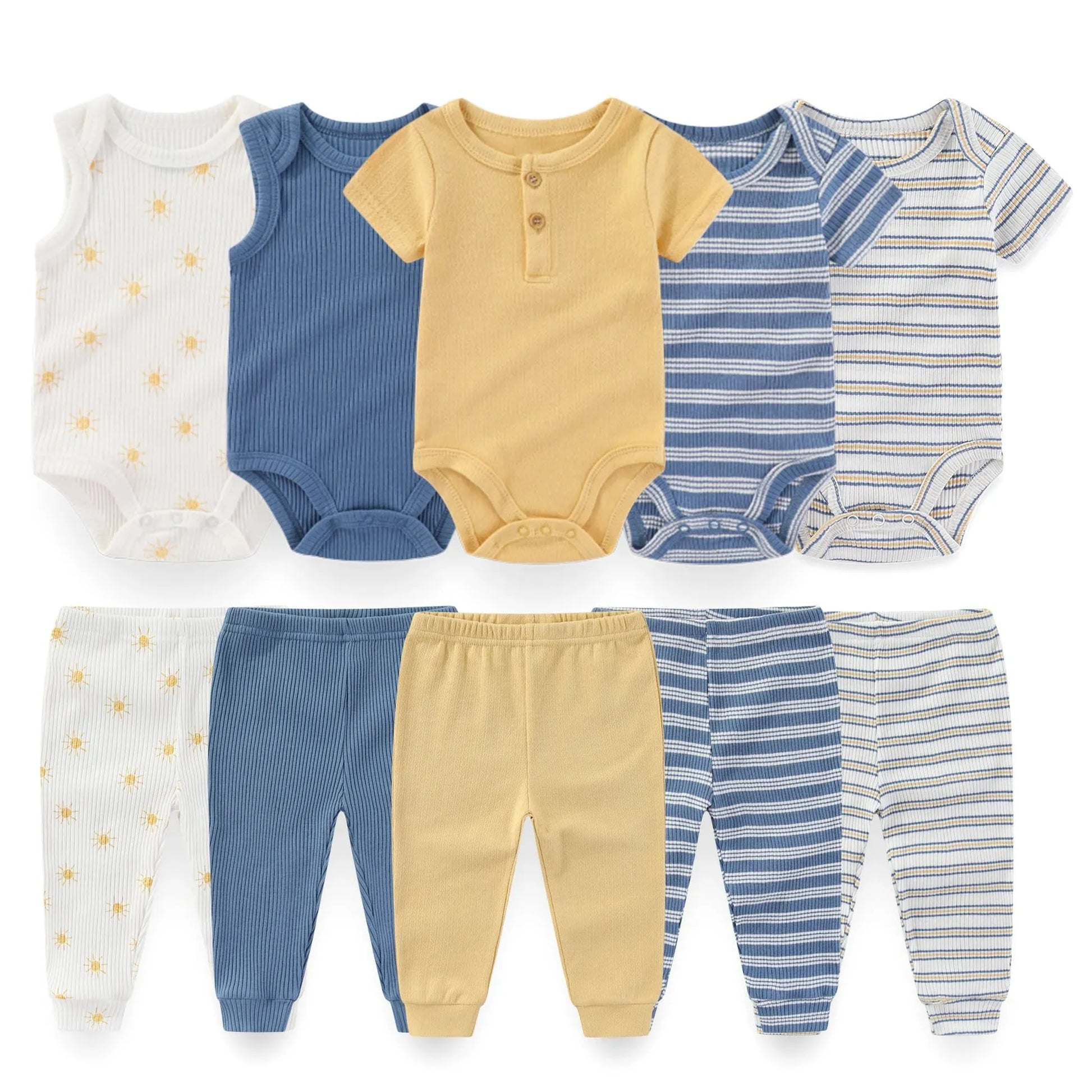 Soft 10-piece baby clothing set with white, blue, and yellow cotton bodysuits and pants, featuring sun, ribbed, and striped designs.