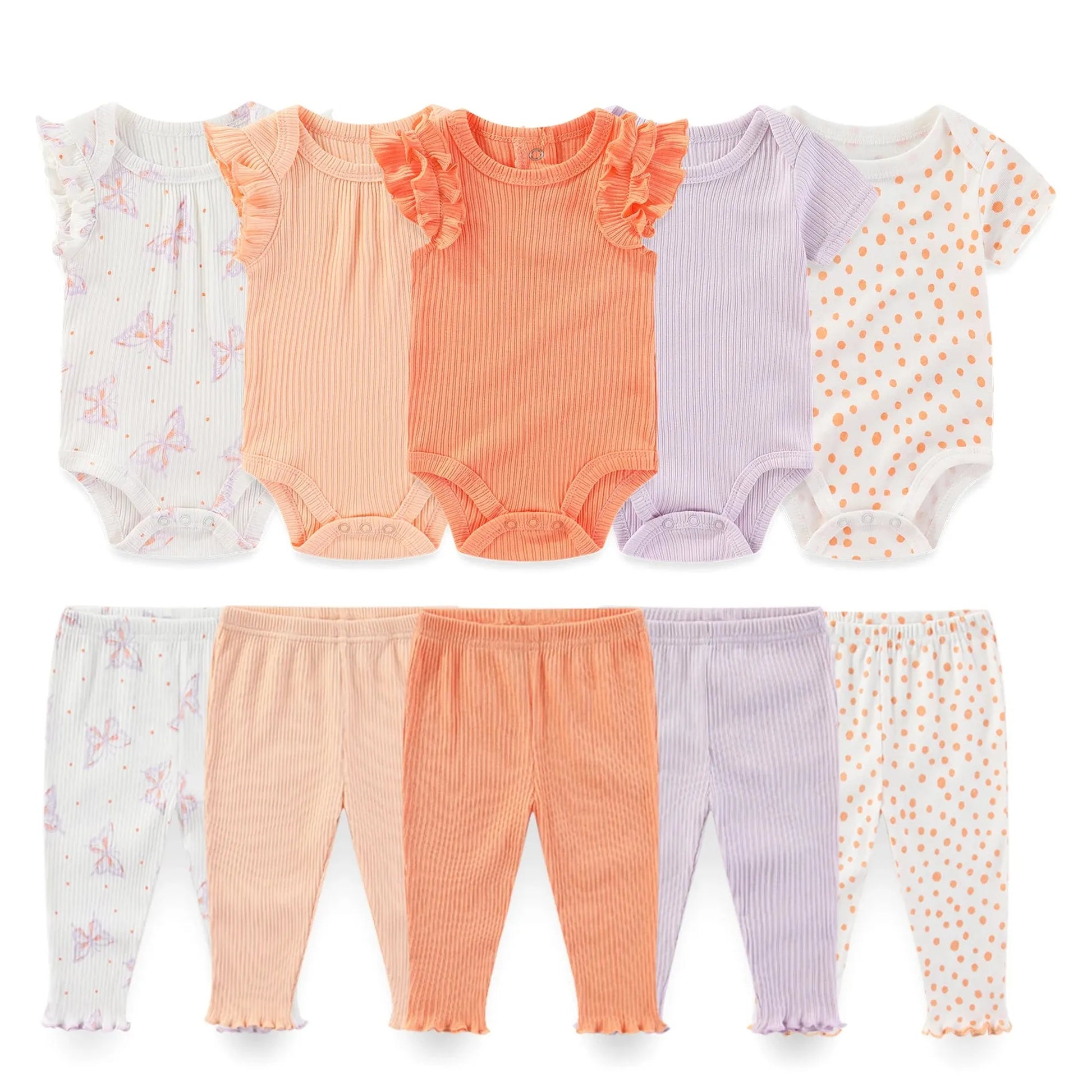 Soft 10-piece baby clothing set with ribbed cotton bodysuits and pants in white, peach, and lavender.