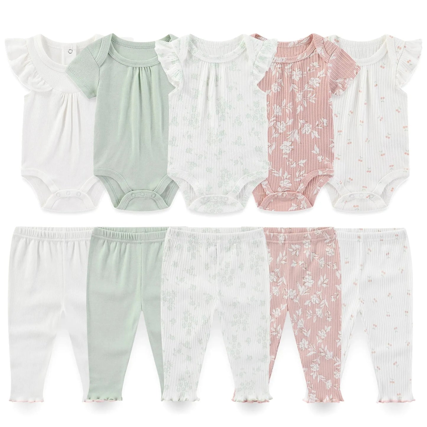 10-piece baby clothing set: white, sage, and pink ribbed cotton bodysuits and pants with ruffle details and floral patterns.