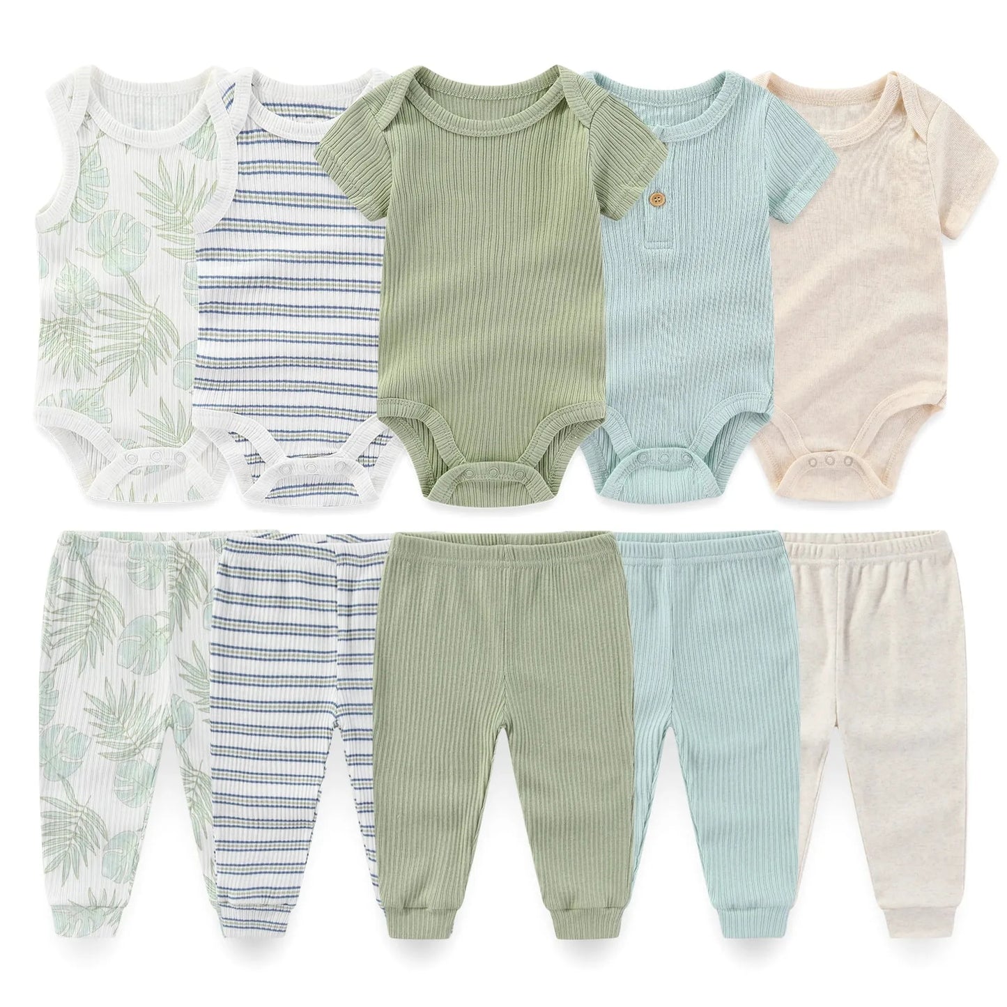 10-piece baby cotton clothing set with bodysuits and pants in green, blue, beige, stripes, and leaf prints.