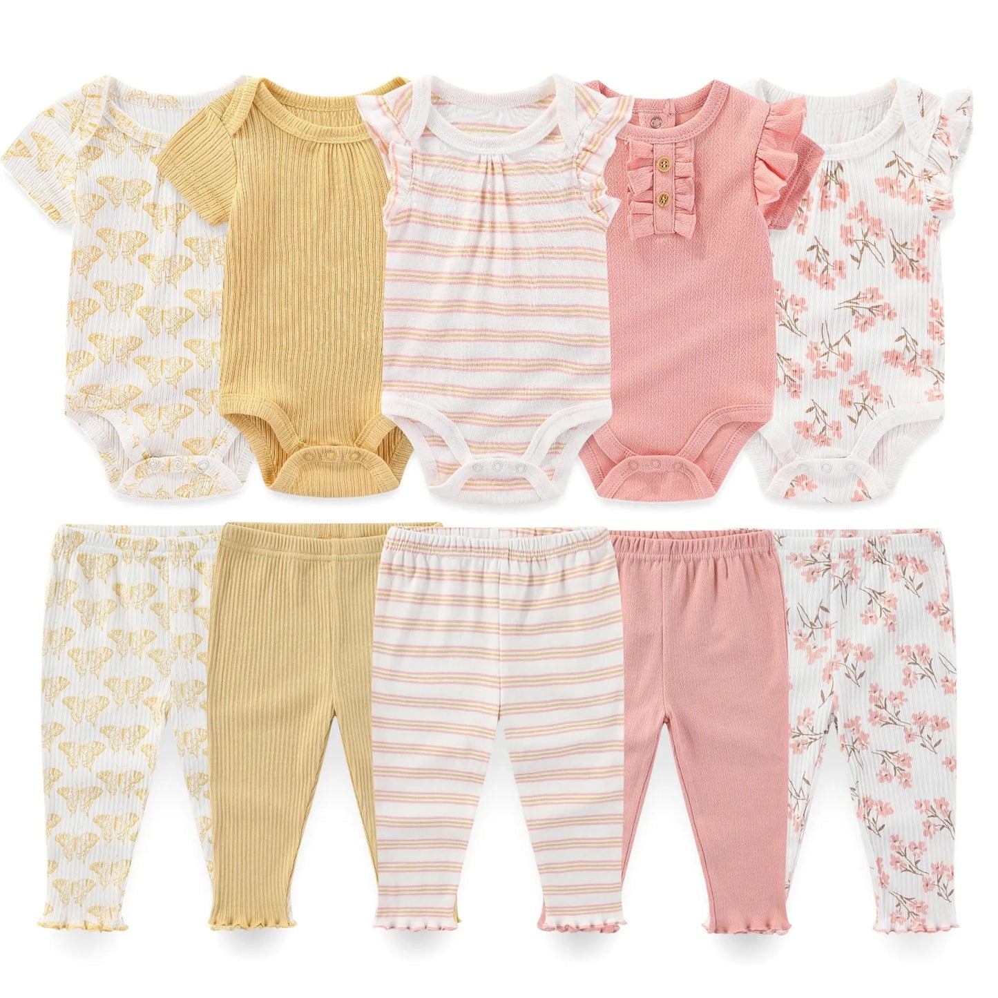 10-piece baby clothing set with short-sleeve bodysuits and pants in pink, yellow, white, floral, and striped patterns.