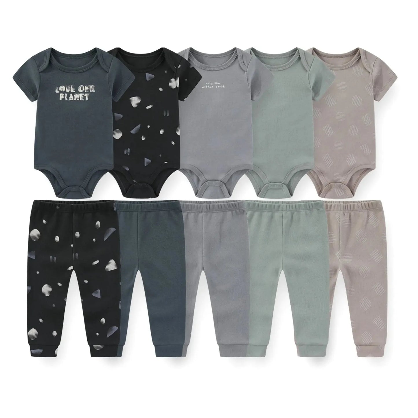 10-piece baby cotton clothing set: short-sleeve bodysuits and long pants in gray, black, green, and beige.