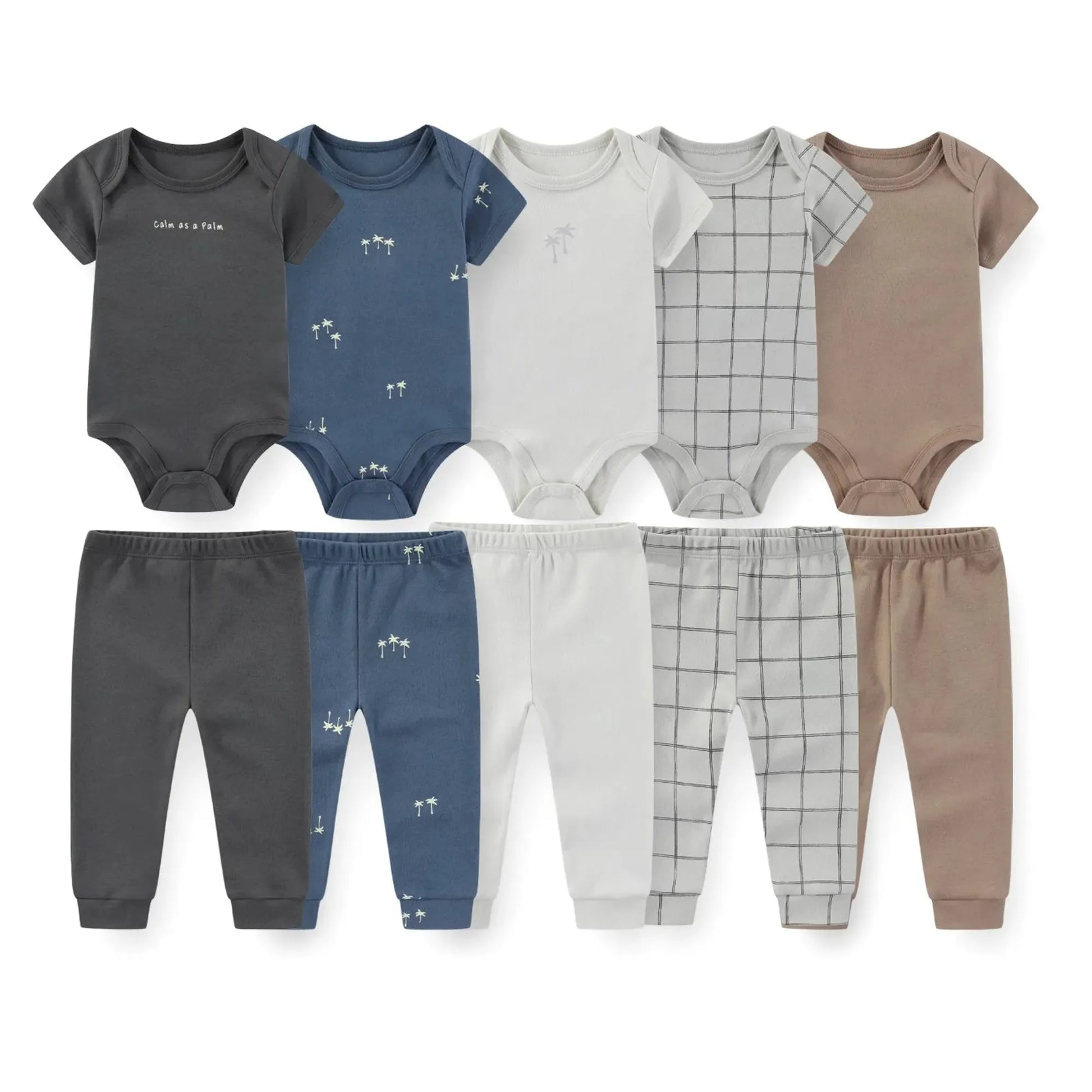 Soft cotton 10-piece baby clothing set with bodysuits and pants in neutral colors and palm tree designs.