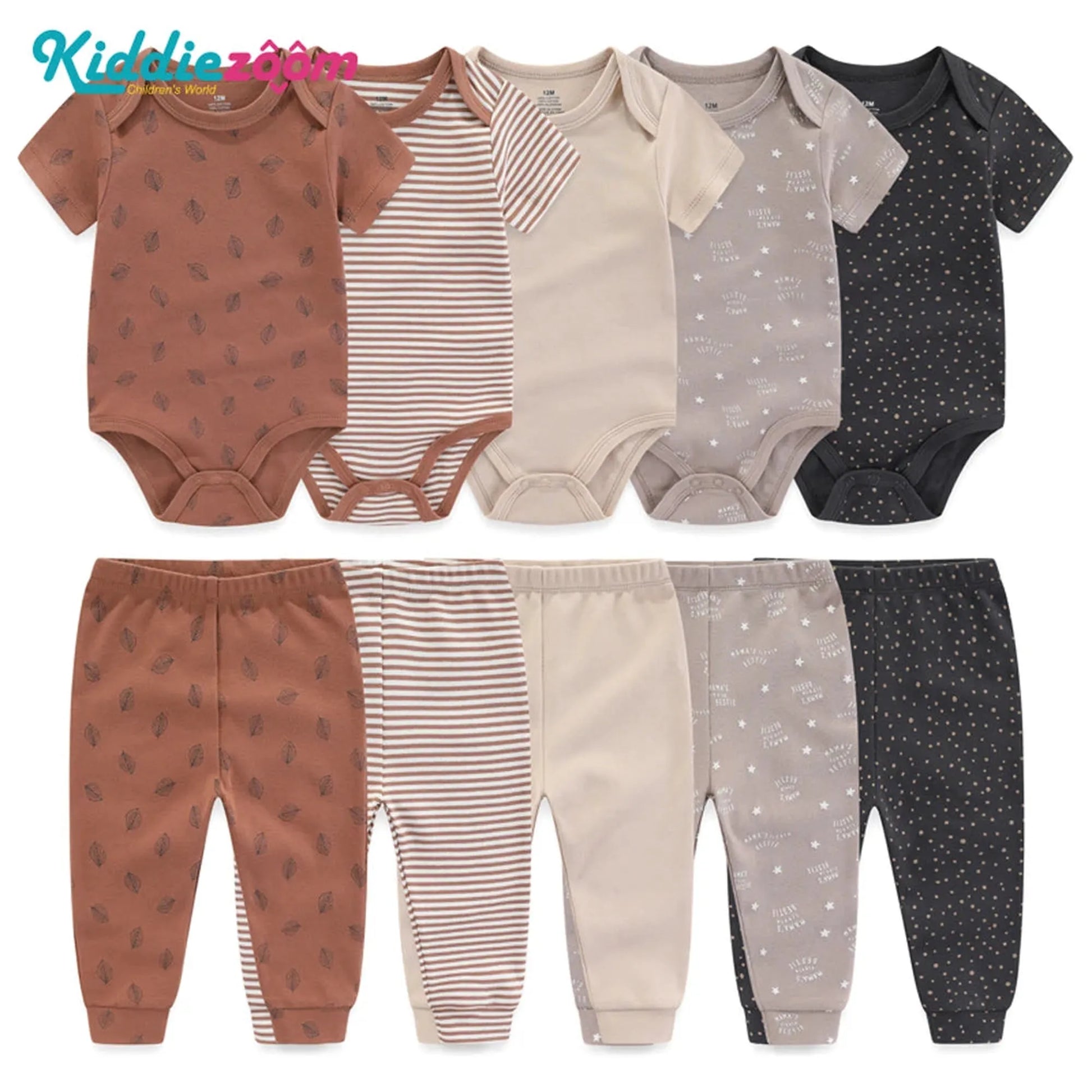 10-piece baby cotton clothing set with bodysuits and pants in brown, beige, and gray with leaf, stripe, and star patterns.