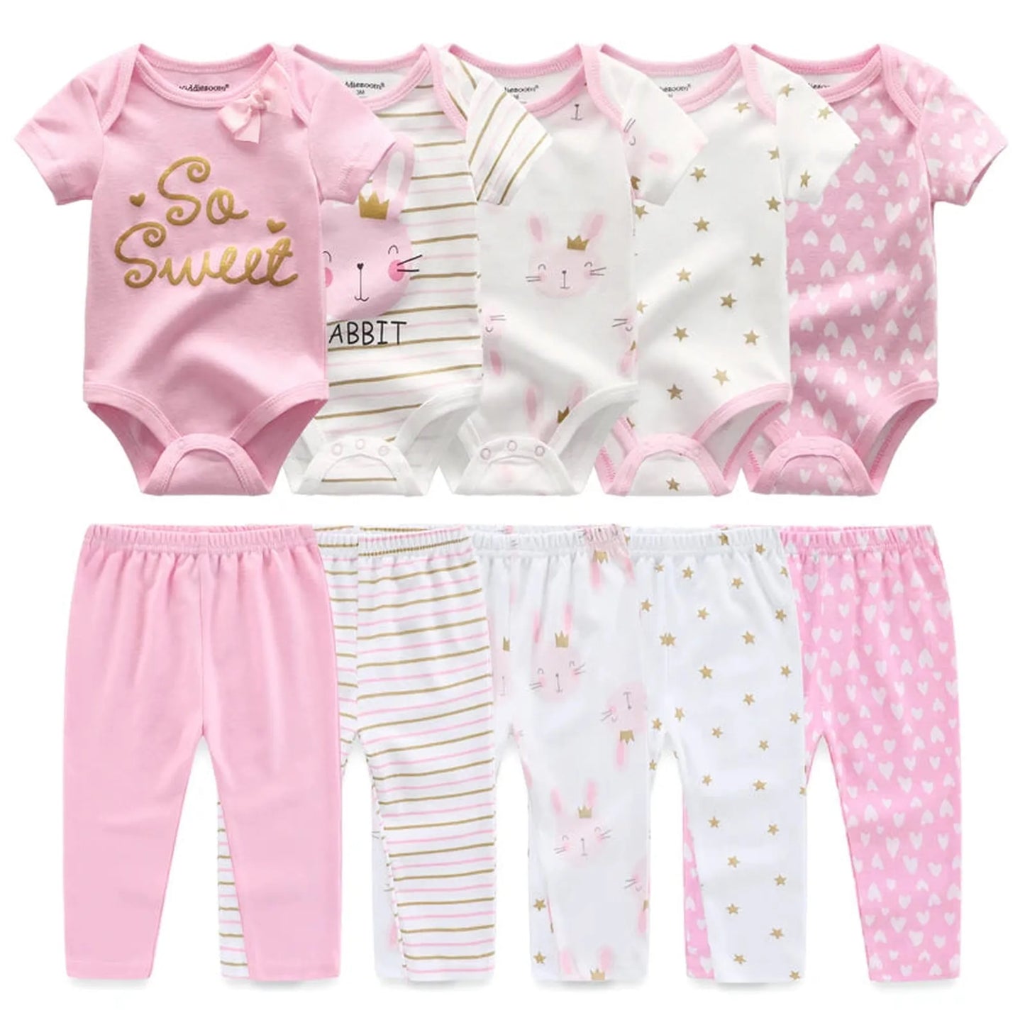 10-piece pink and white cotton baby clothing set with bodysuits and pants featuring bunny, star, and heart prints.