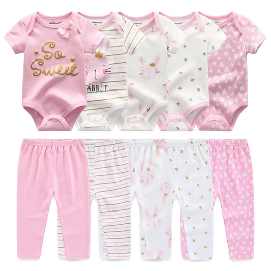 10-piece pink and white cotton baby clothing set with bodysuits and pants featuring bunny, star, and heart prints.