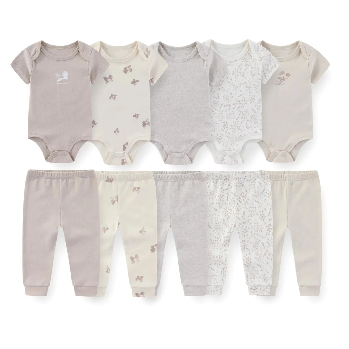10-piece baby cotton clothing set: short-sleeve bodysuits and long pants in neutral colors, some with butterfly and floral patterns.