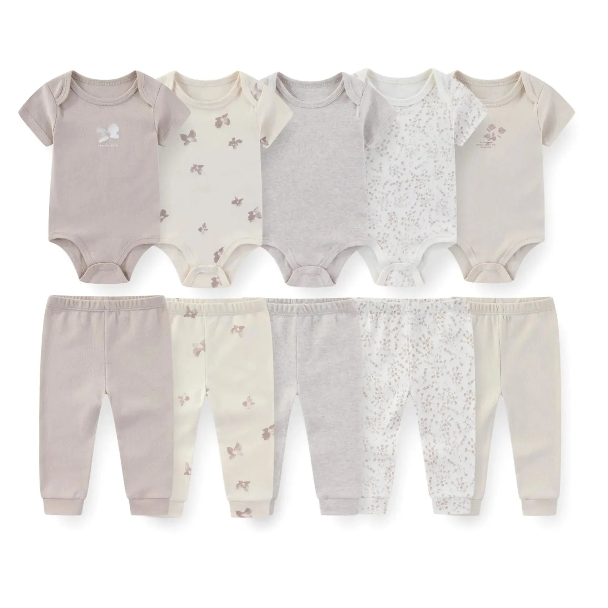 10-piece baby cotton clothing set: short-sleeve bodysuits and long pants in neutral colors, some with butterfly and floral patterns.