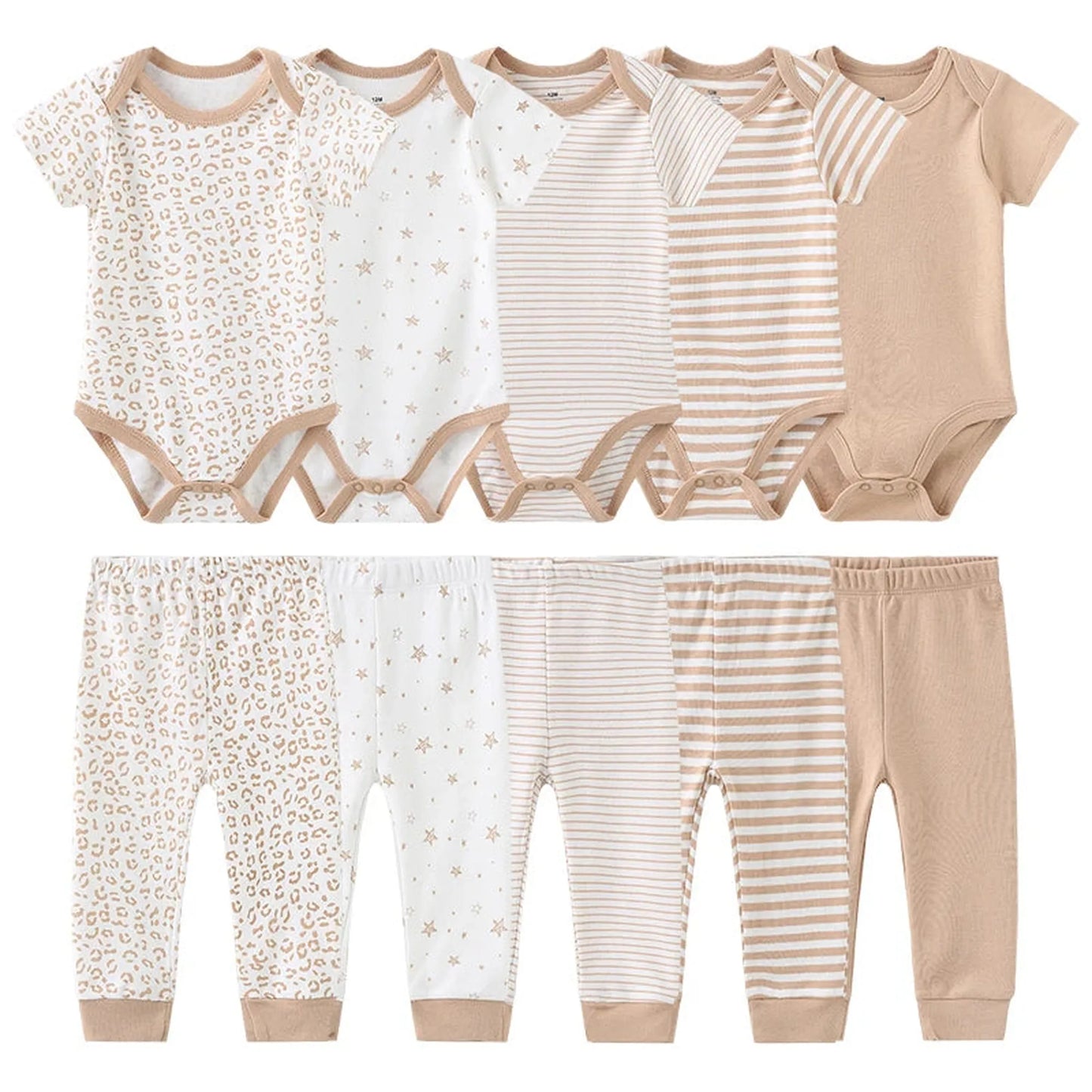 10-piece baby cotton clothing set with bodysuits and pants in beige, white, leopard print, stars, and stripes.