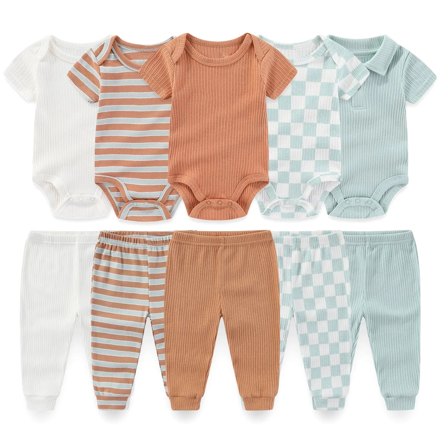 10-piece baby cotton clothing set with bodysuits and pants in white, brown, blue stripes, ribbed terracotta, and checkered patterns.
