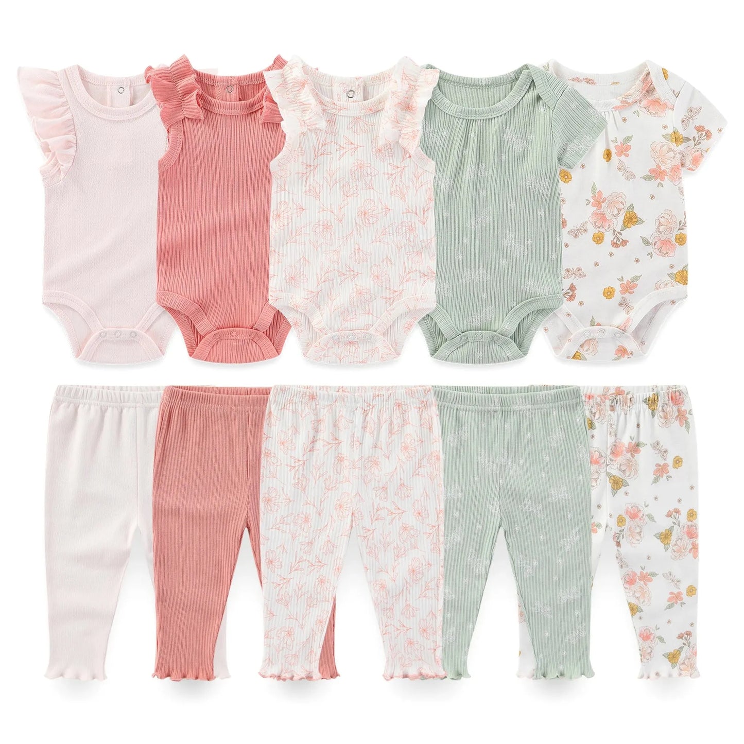 10-piece baby clothing set with pink, green, and floral cotton bodysuits and matching pants.