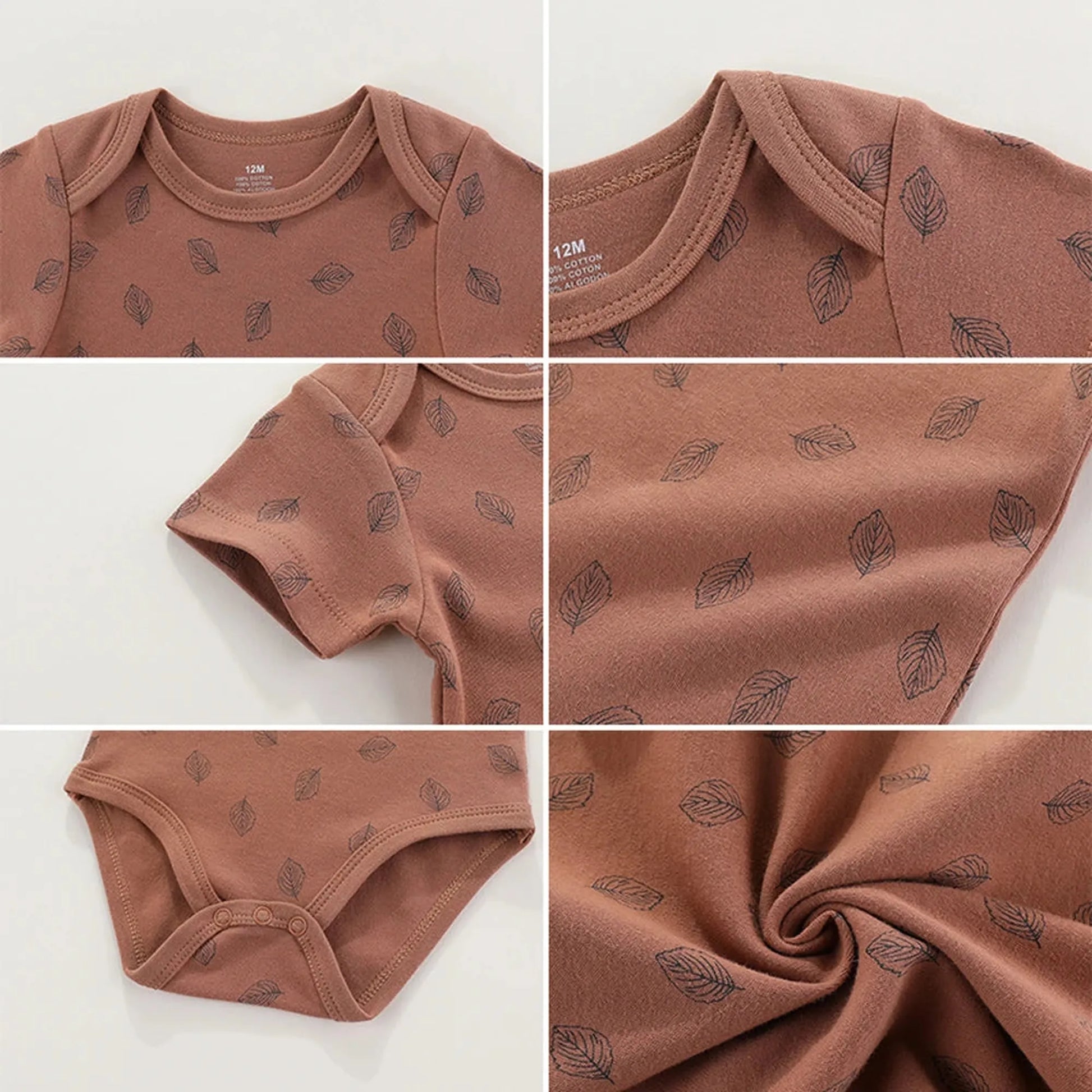 Soft brown 100% cotton baby bodysuit with short sleeves and a subtle black leaf pattern, featuring snap closures.