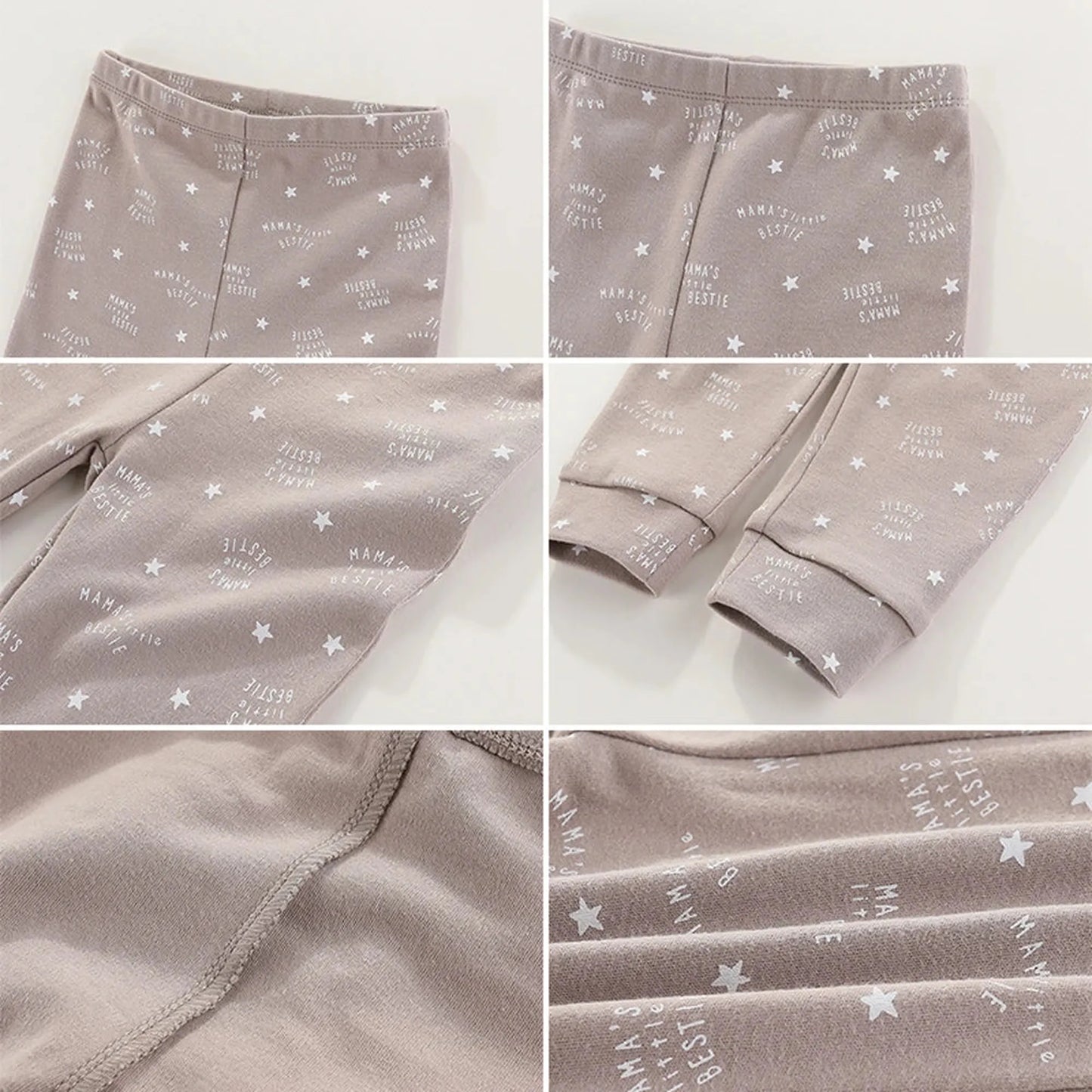 Close-up views of soft, beige 100% cotton baby pants with white "MAMA'S LITTLE BESTIE" text and star print.