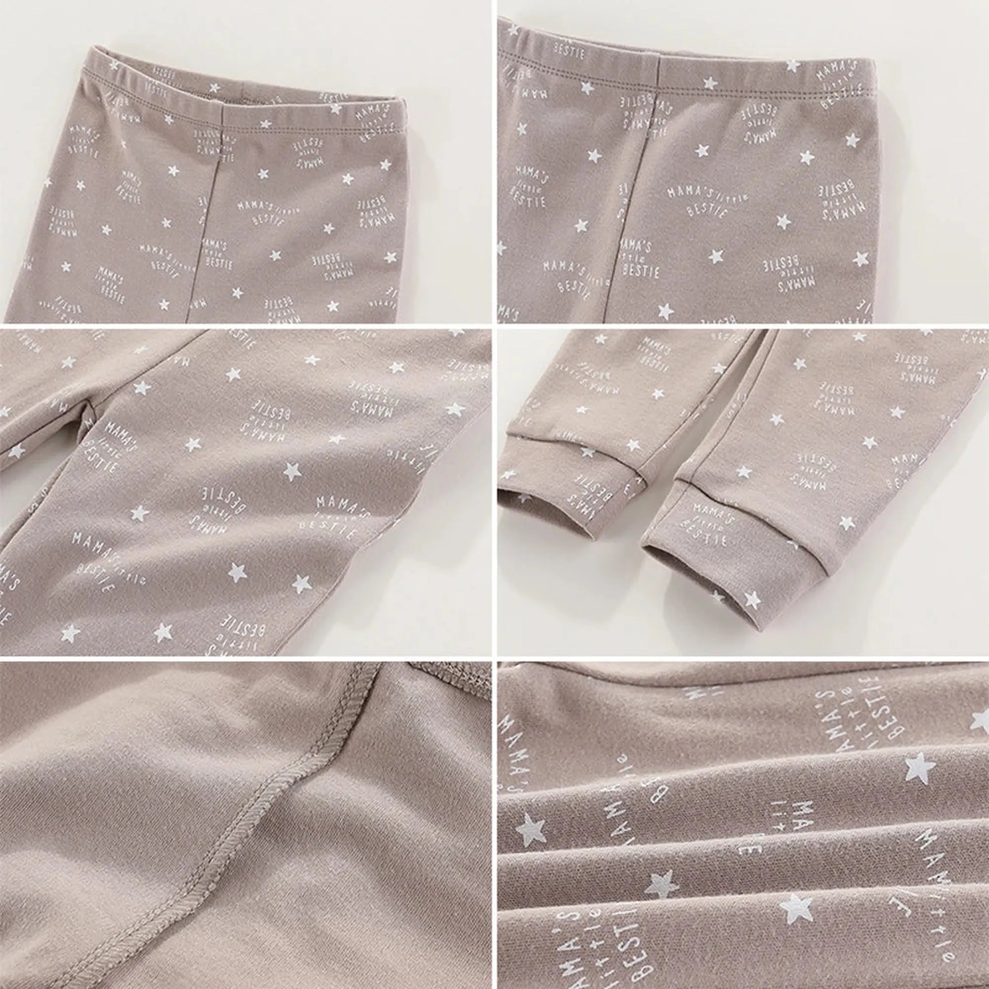 Close-up views of soft, beige 100% cotton baby pants with white "MAMA'S LITTLE BESTIE" text and star print.