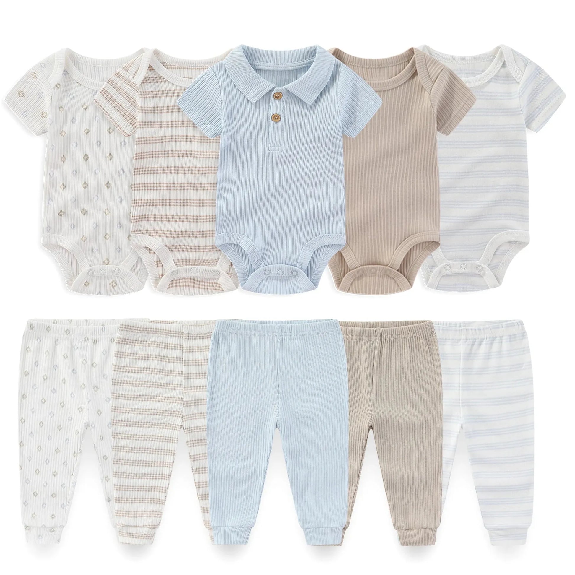 10-piece baby clothing set with short-sleeve bodysuits and pants in soft cotton, featuring blue, beige, and white colors with stripes and patterns.