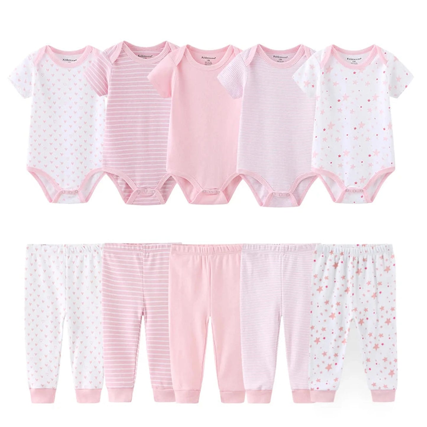 10-piece set of pink and white cotton baby bodysuits and pants with hearts, stripes, and star patterns.