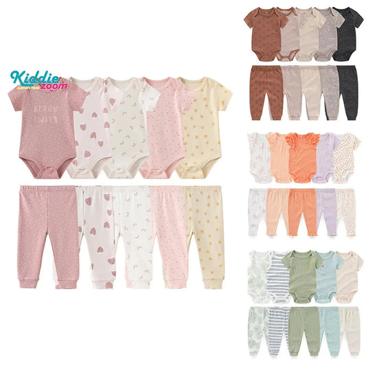 Soft cotton 10-piece baby clothing set with bodysuits and pants in various pastel colors and patterns.