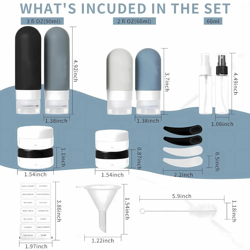 Travel bottle set with black, grey, and clear refillable silicone and plastic containers, spray bottles, jars, labels, funnel, and brush.