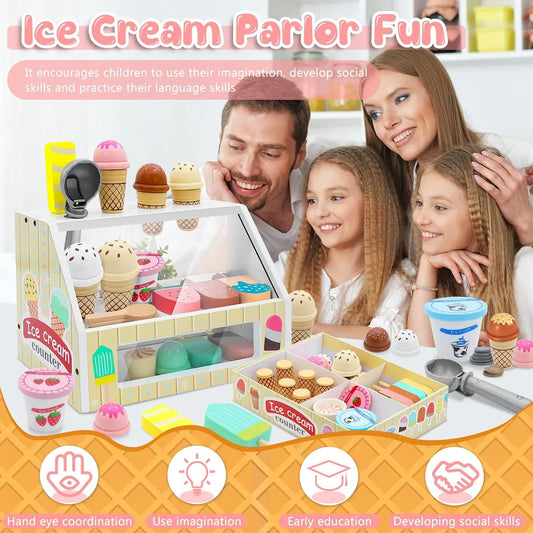 Wooden Montessori ice cream parlor toy set with colorful scoops, cones, and accessories, enjoyed by a family.