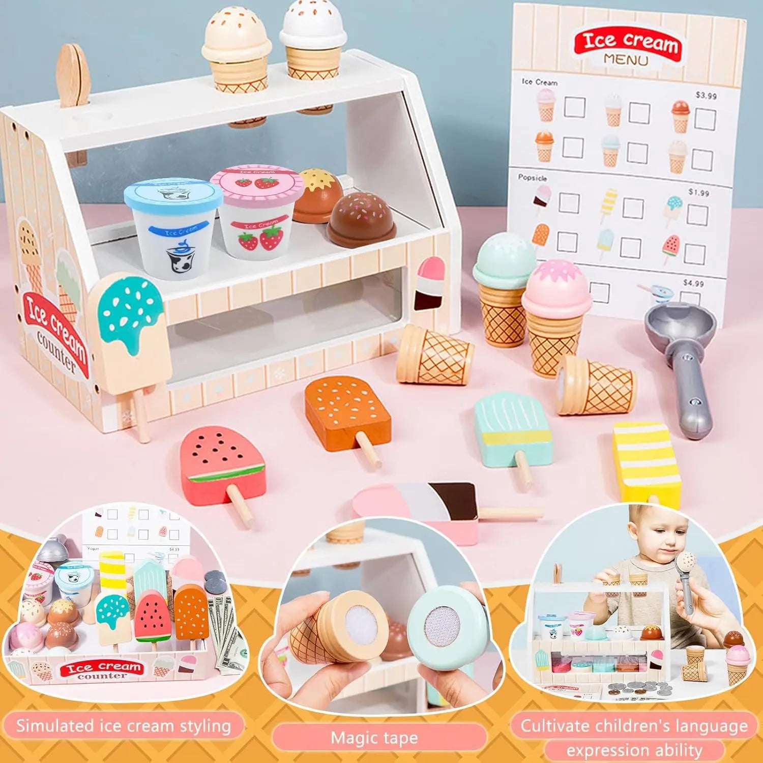 Wooden Montessori ice cream shop playset with counter, menu, scoops, cones, popsicles, and cups.