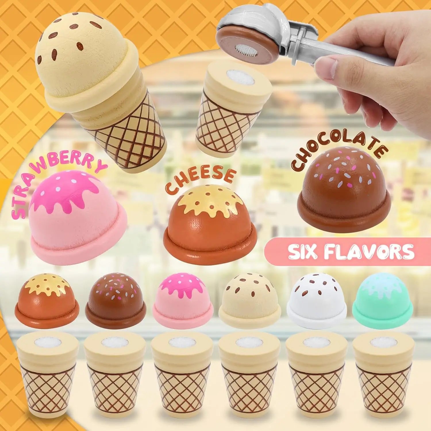 Colorful wooden Montessori ice cream toy set with cones, scoops, and six flavor options.