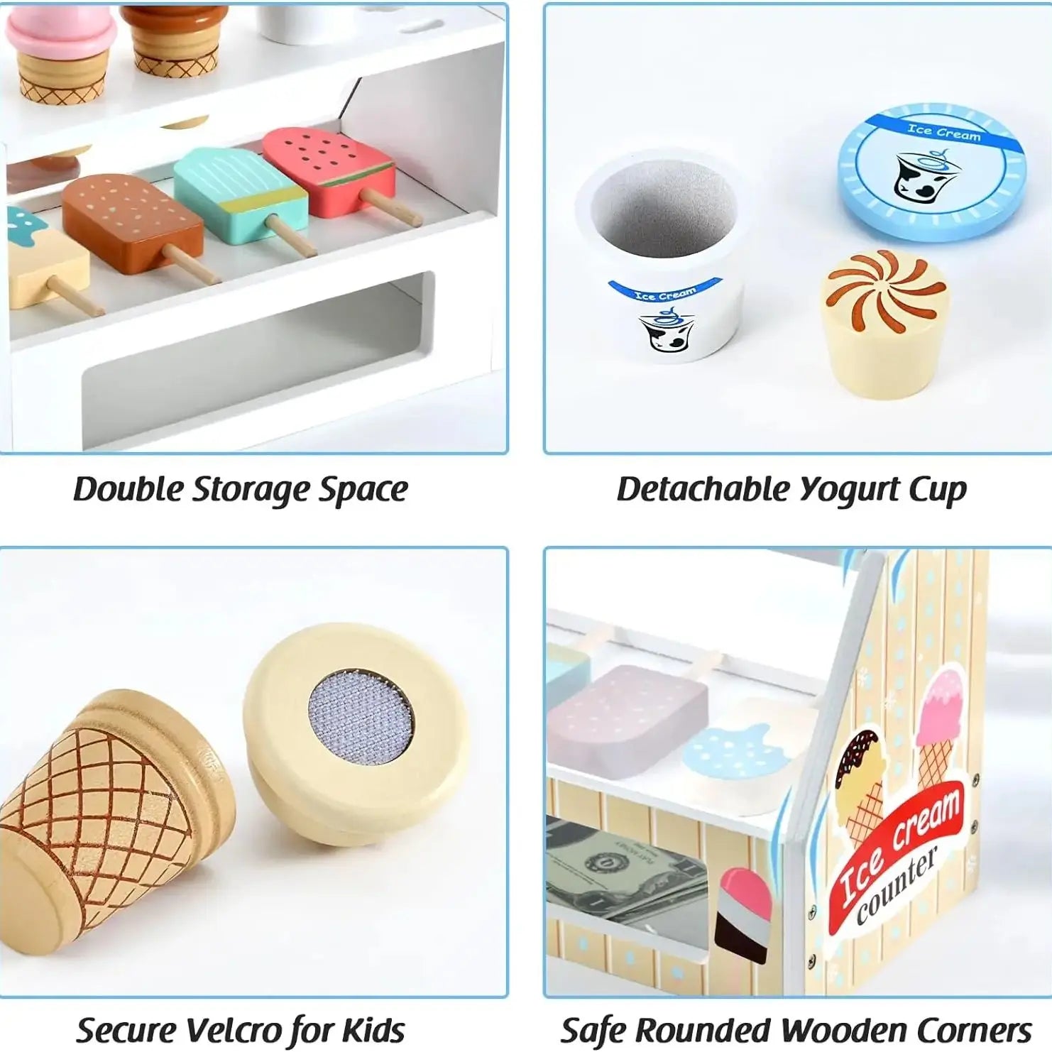 Montessori wooden ice cream counter with colorful popsicles, cones, cups, and play money.