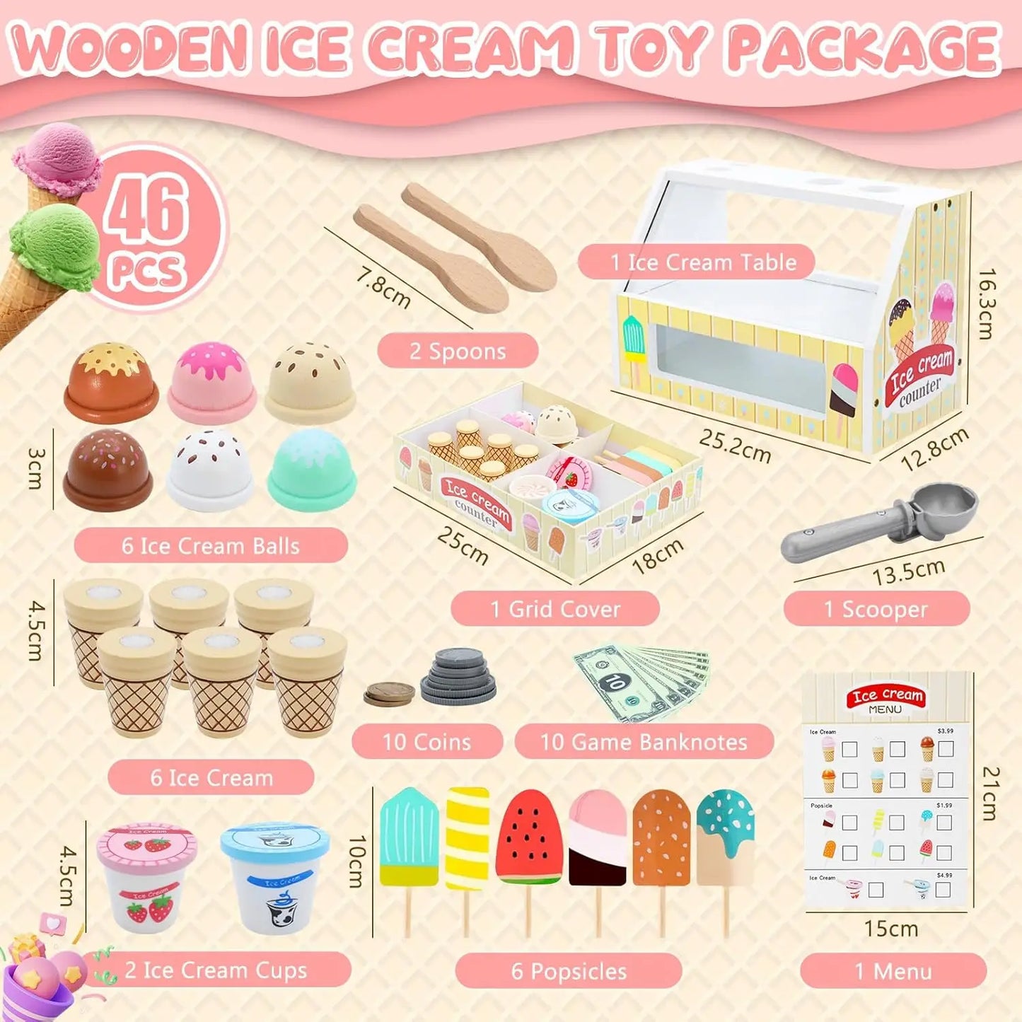 Colorful 46-piece wooden ice cream toy set with counter, scoops, cones, popsicles, coins, and menu.