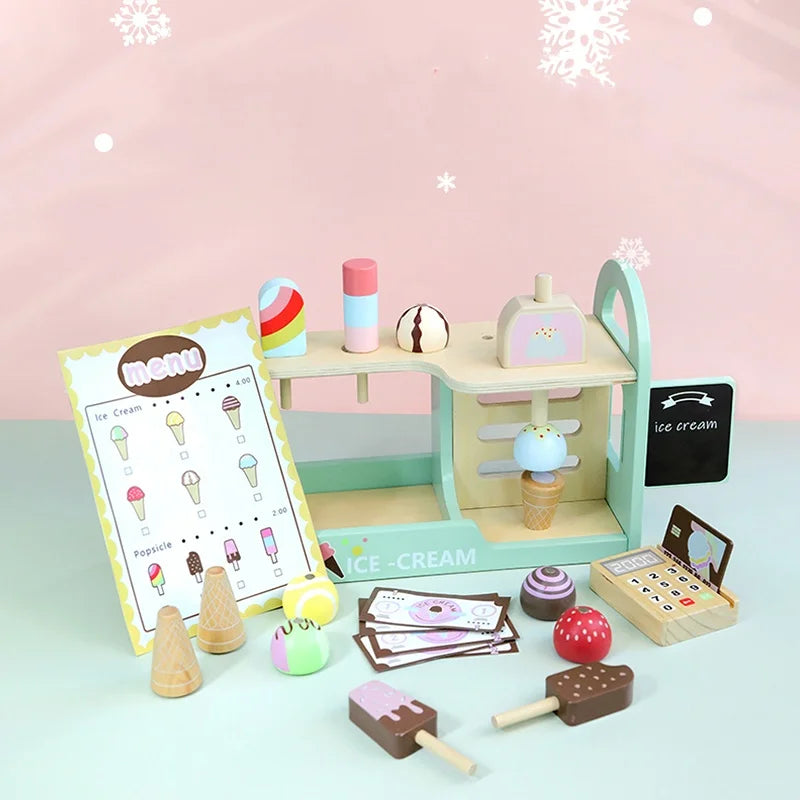 Colorful wooden Montessori ice cream shop playset with counter, menu, cones, popsicles, and toy money.
