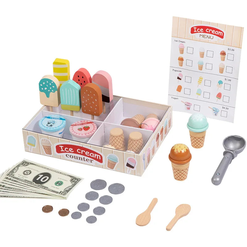 Wooden Montessori ice cream counter toy set with colorful popsicles, cones, play money, and menu.