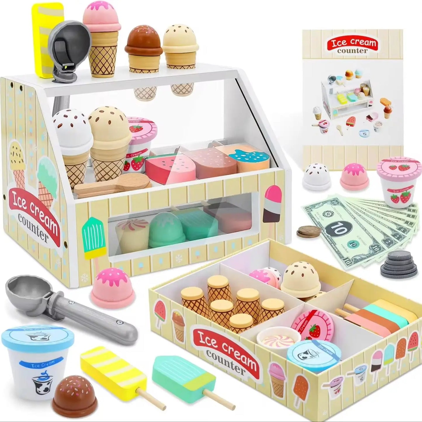 Wooden Montessori ice cream counter toy set with colorful scoops, cones, popsicles, and play money.