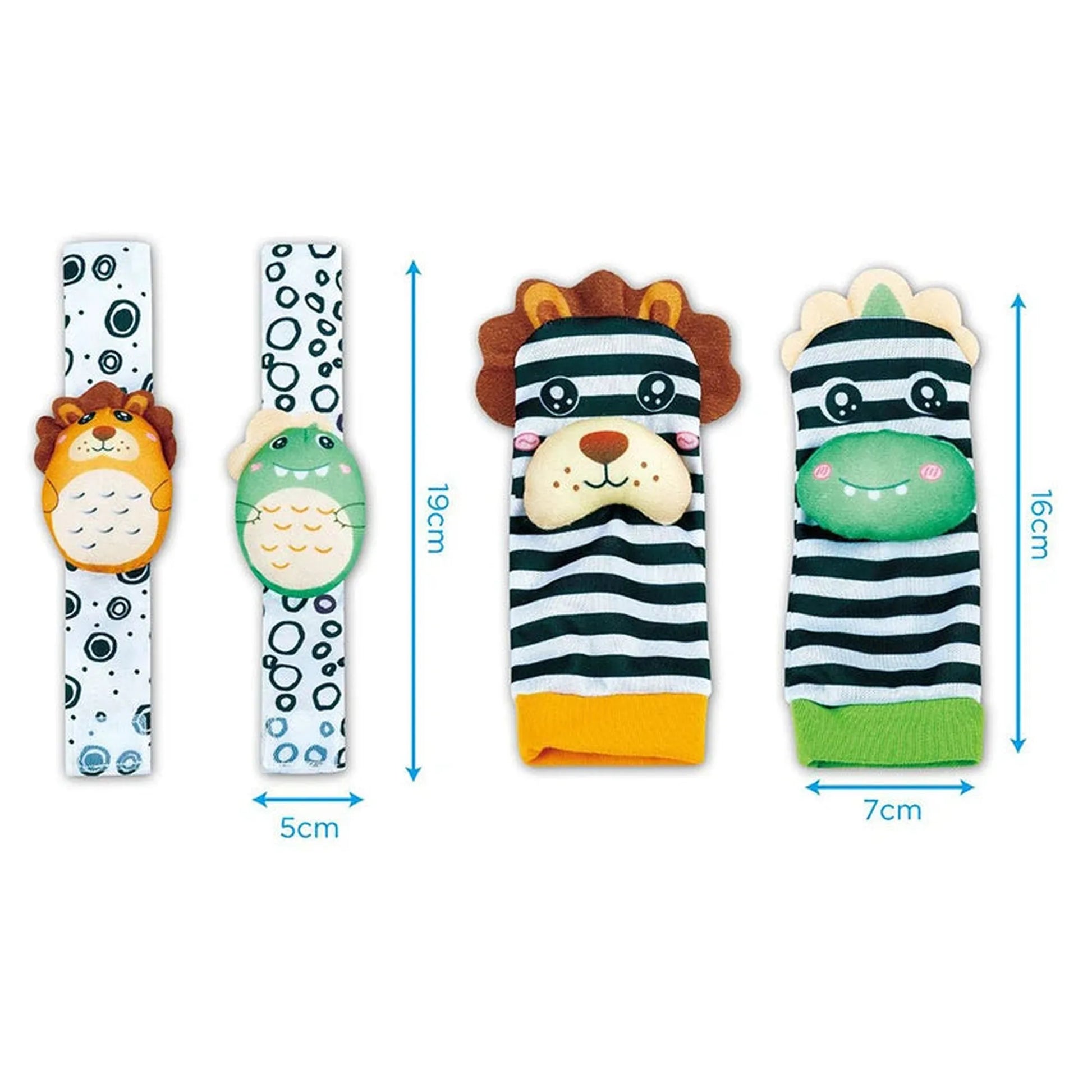 Colorful animal rattle wristbands and socks for babies, featuring a lion, crocodile, zebra, and hippo.