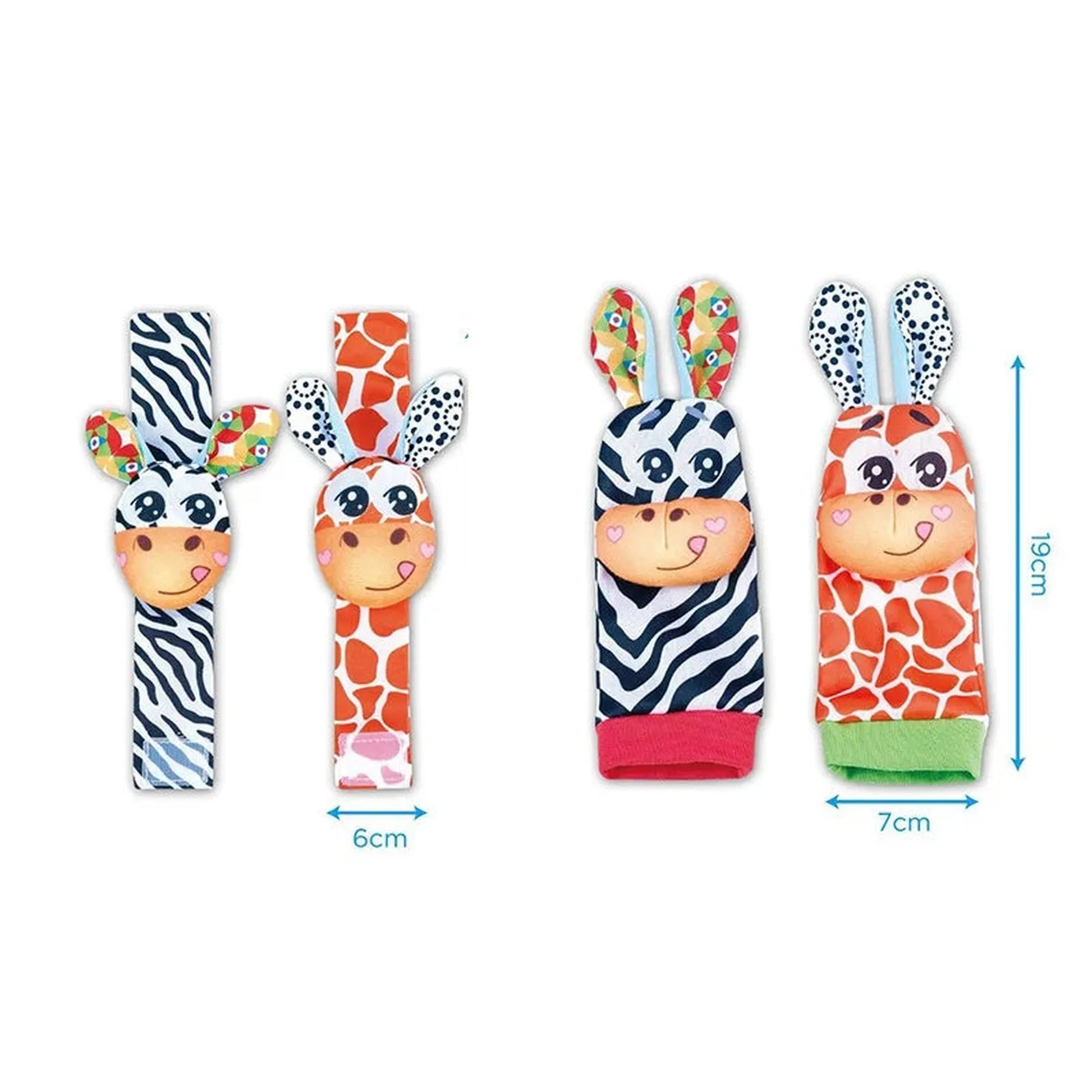 Colorful animal-themed baby wrist rattles and socks set, featuring a zebra and giraffe design.