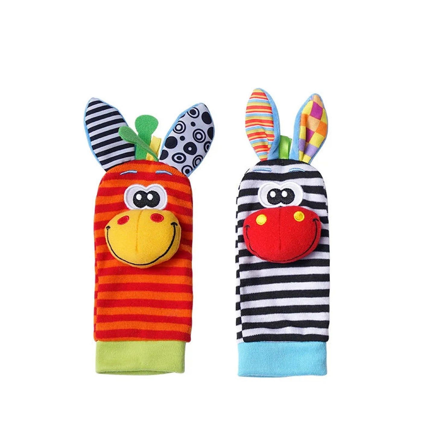 Colorful striped baby wrist rattles and socks set with animal faces.