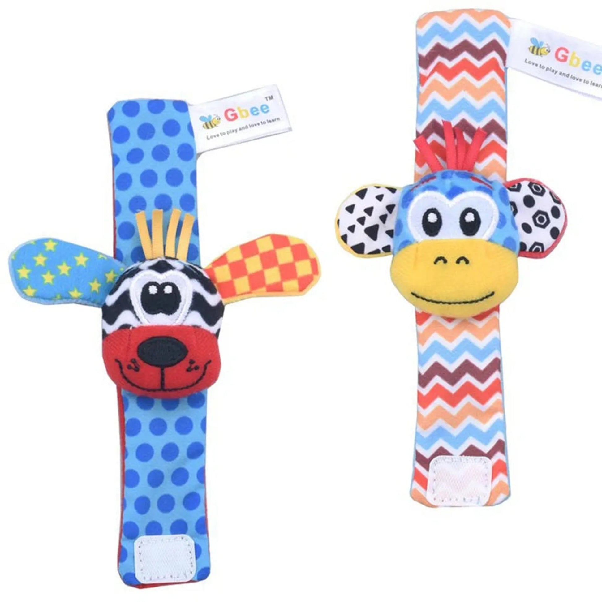 Colorful baby wrist rattles and socks set with animal designs for sensory development.
