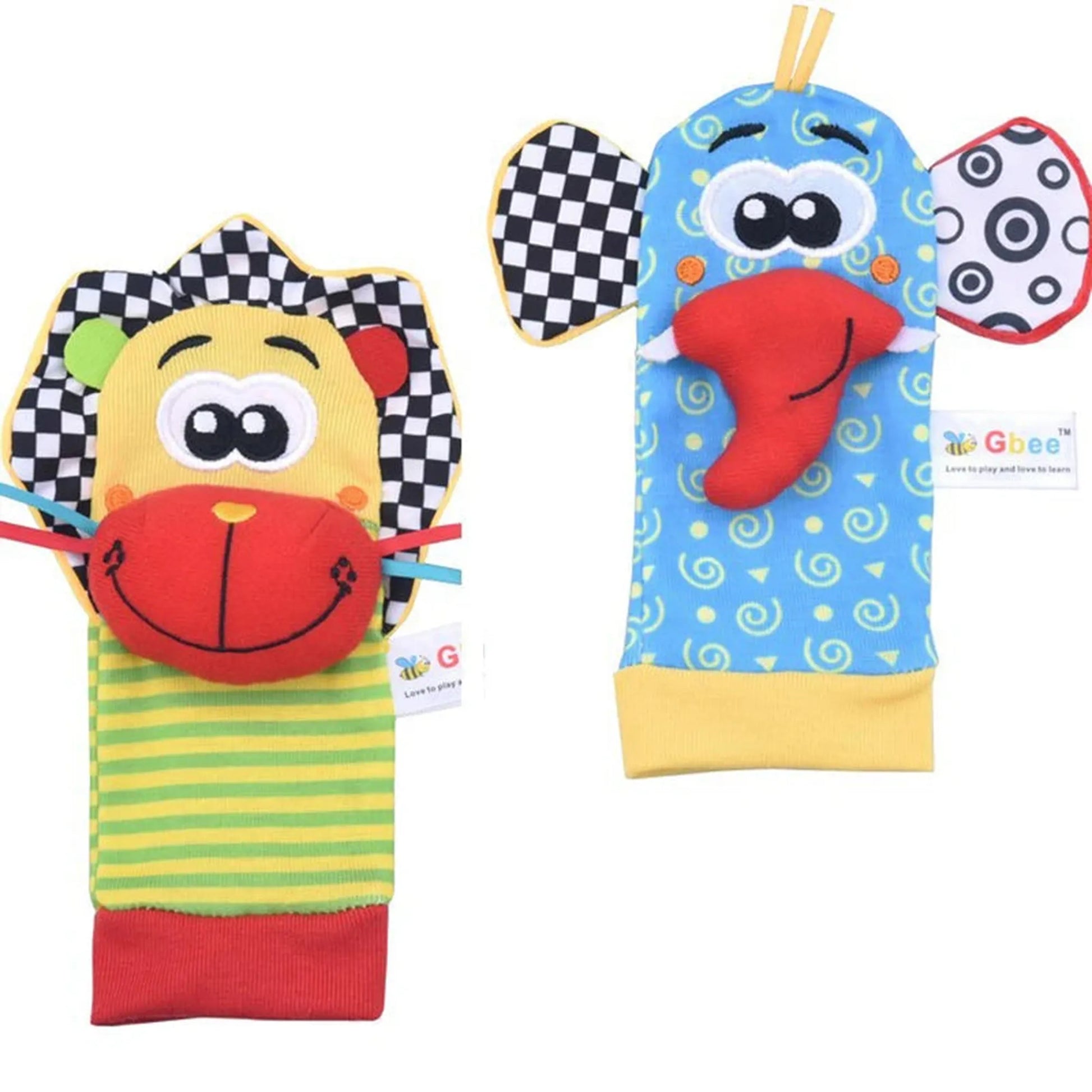 Colorful baby wrist rattles and socks set with lion and elephant animal designs.
