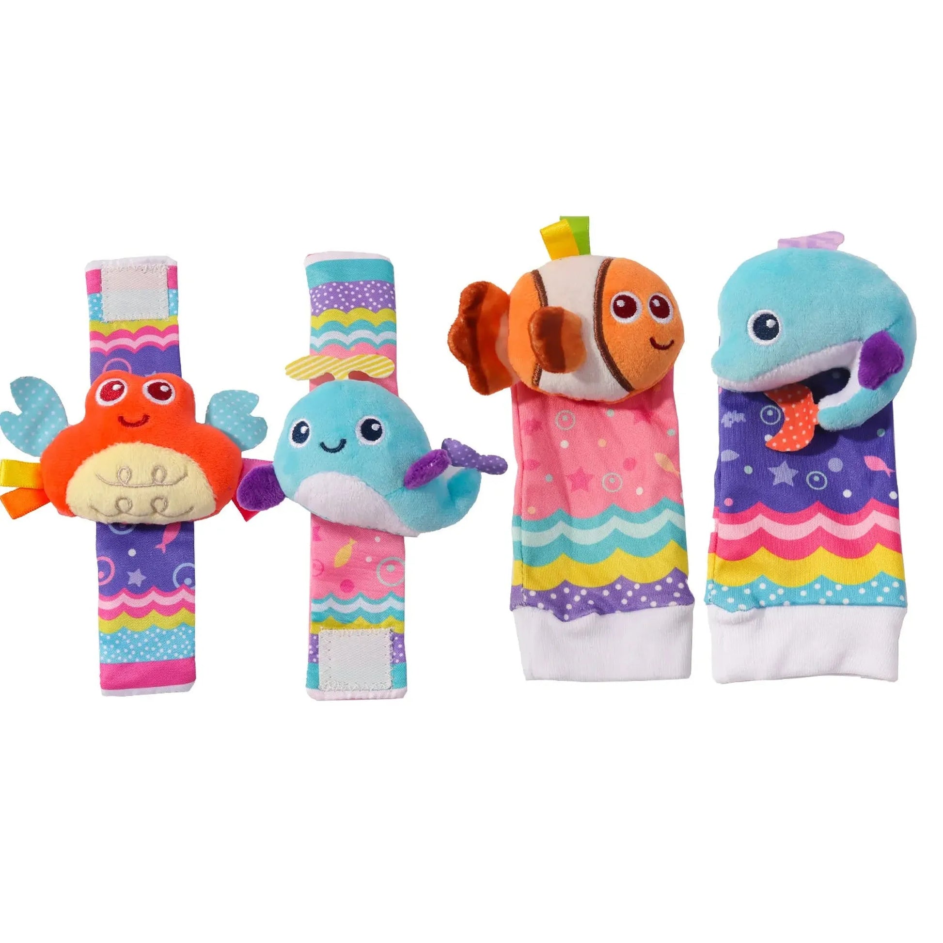 Colorful baby wrist rattles and socks with plush sea animal designs: crab, whale, clownfish, and dolphin.
