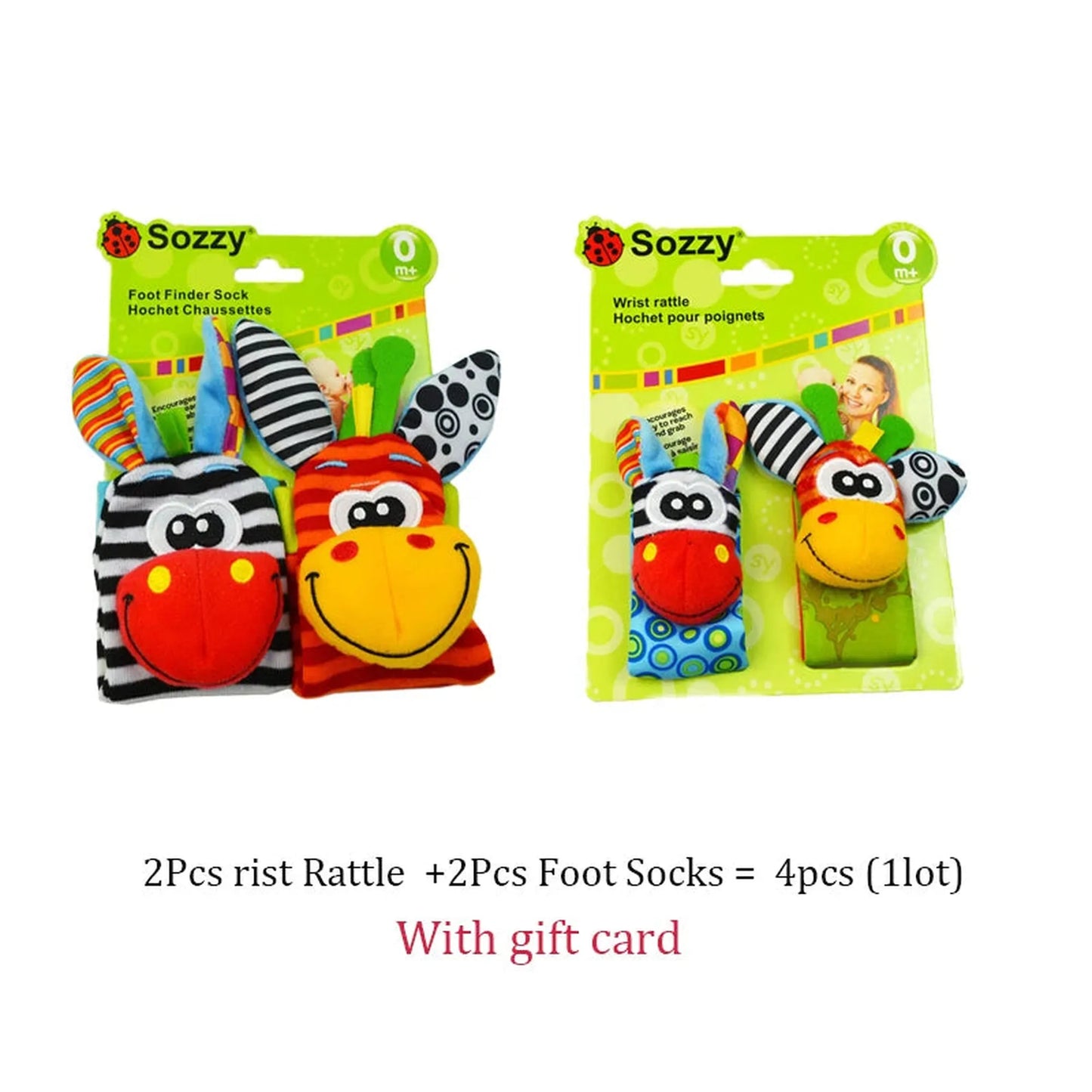 Colorful animal-themed baby wrist rattles and foot finder socks for sensory development.