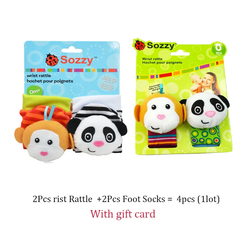 Colorful Sozzy baby wrist rattles and foot socks set, featuring monkey and panda animal designs.