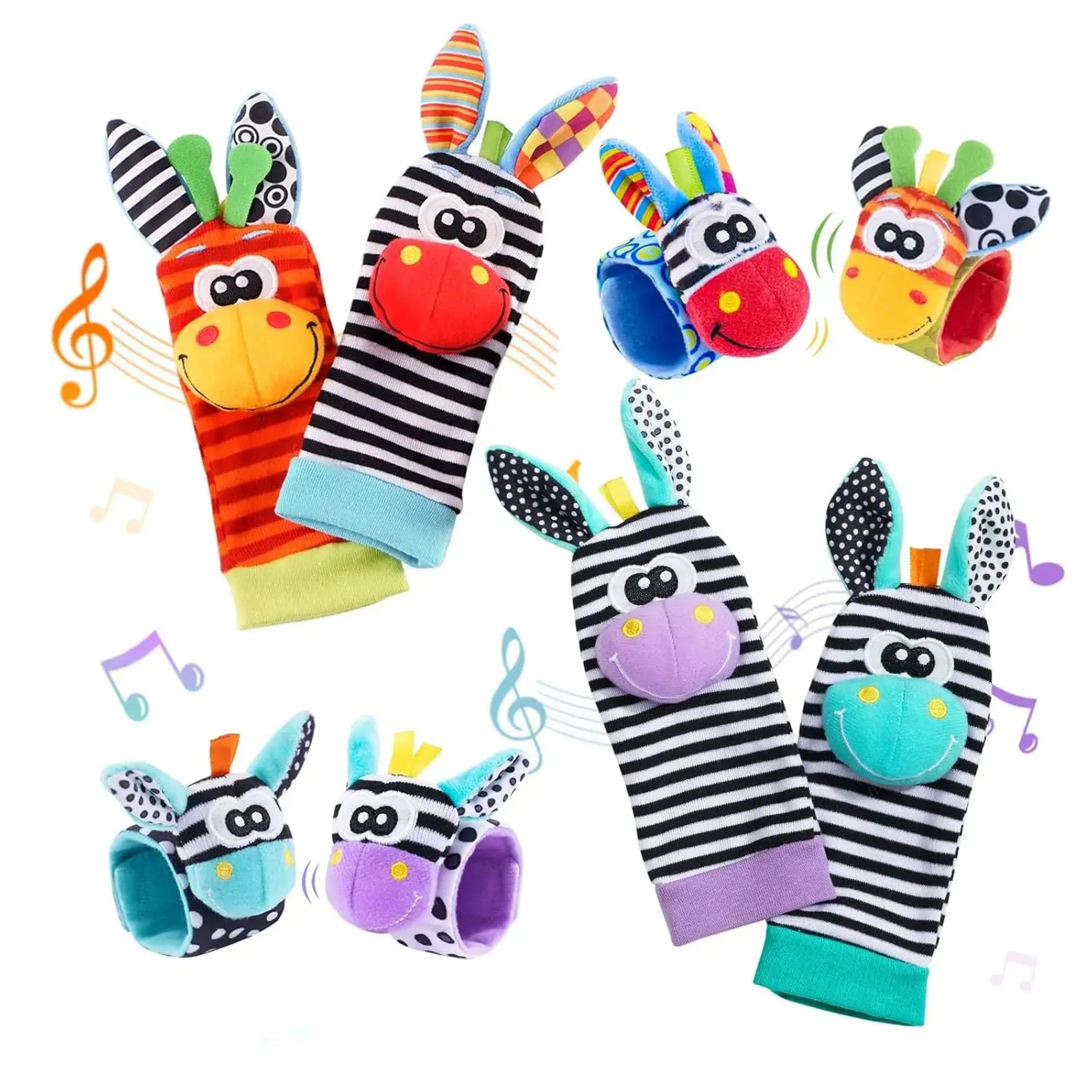 Colorful zebra animal wrist rattles and foot finder socks for baby development.