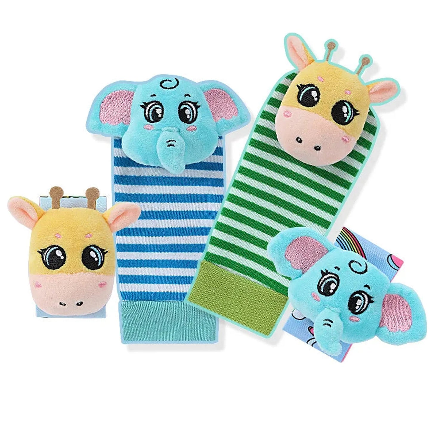 Colorful baby rattle socks and wrist rattles with plush elephant and giraffe animal designs.