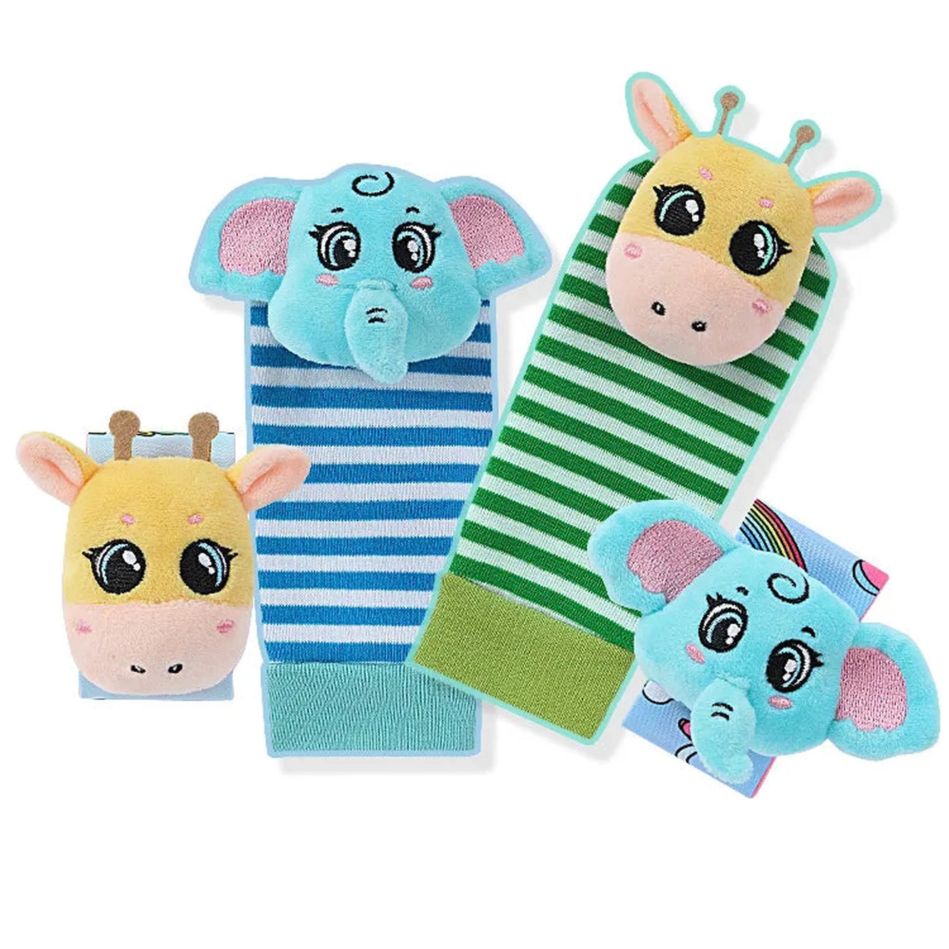 Colorful baby rattle socks and wrist rattles with plush elephant and giraffe animal designs.