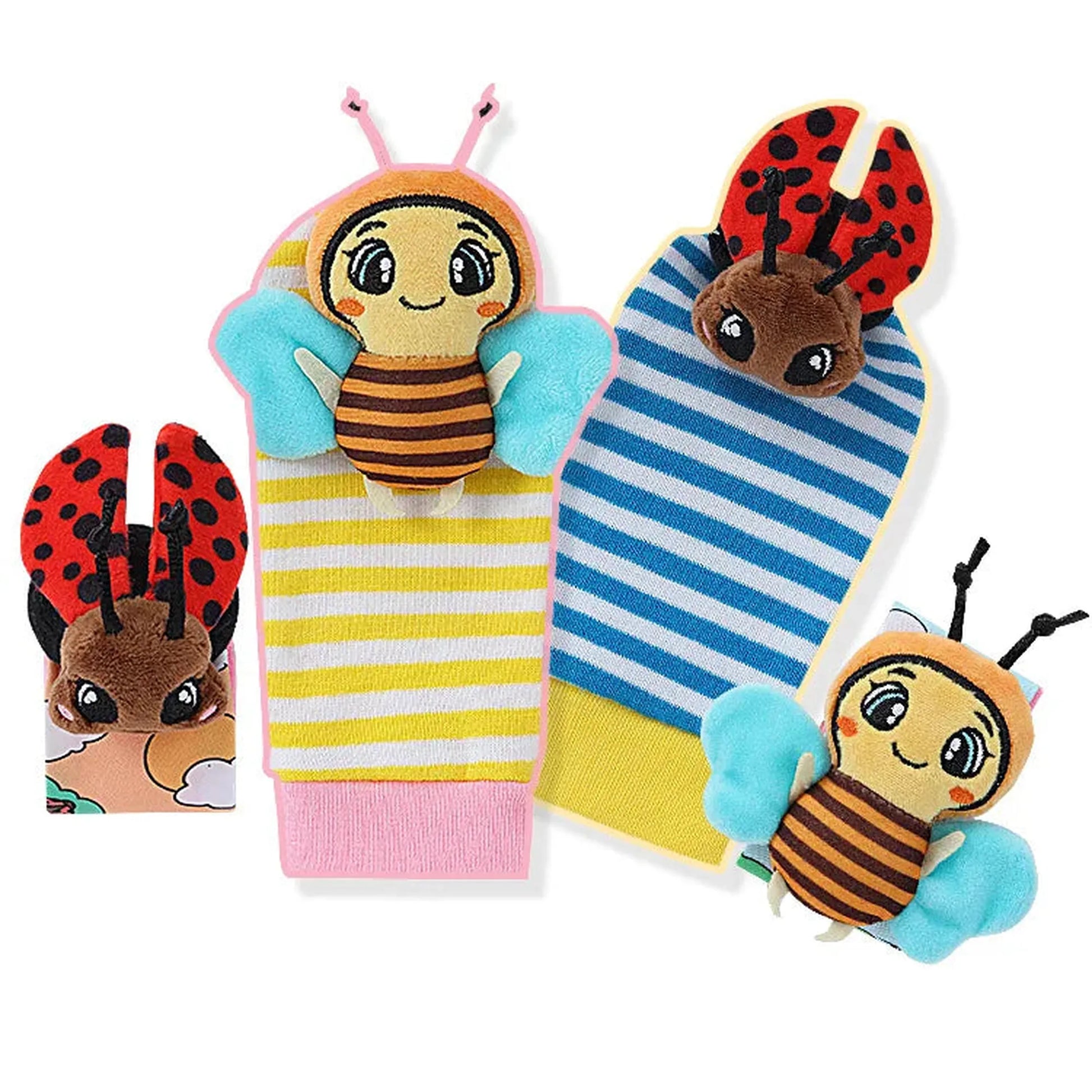 Colorful baby wrist rattles and socks with bee and ladybug plush toys.