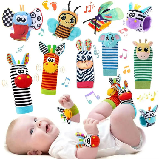 Colorful animal wrist rattles and foot finders for baby, featuring soft fabric zebras, elephants, and bees.