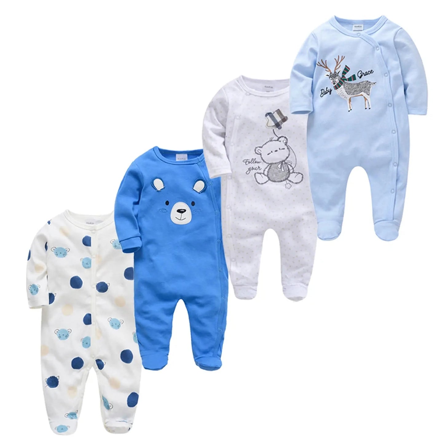Four 100% cotton long-sleeve baby rompers: white with blue bears, blue bear face, white with gray bear, and light blue deer.